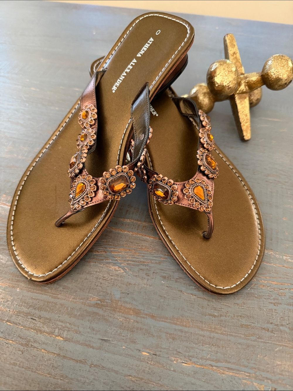 Athena Alexander Brown Jeweled Thong Sandals with Amber Accents